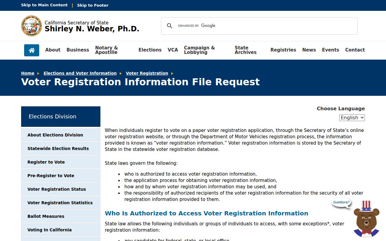 California request page for a La Quinta voter records file